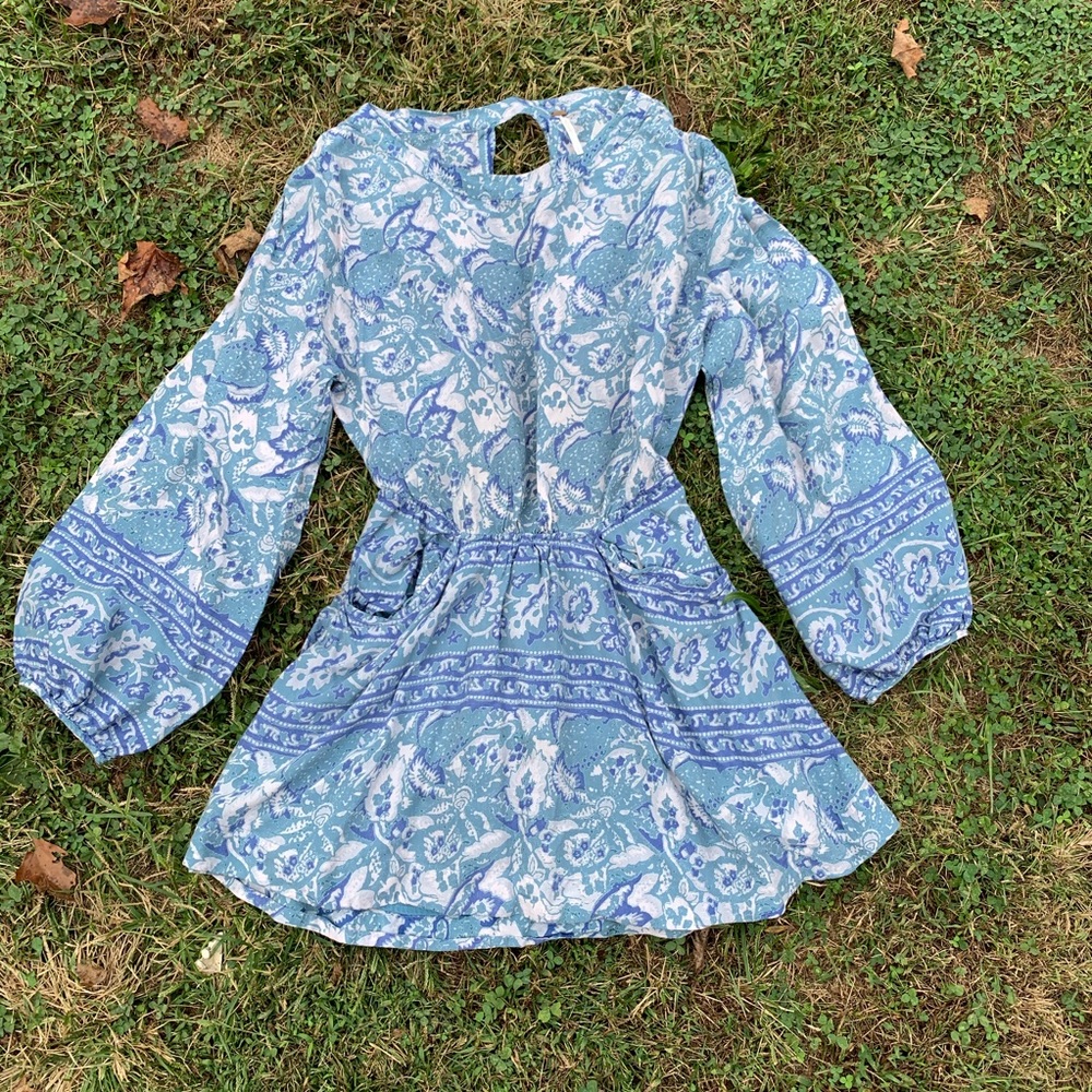 ❤️ Free People Wide Sleeve Blue Printed Dress